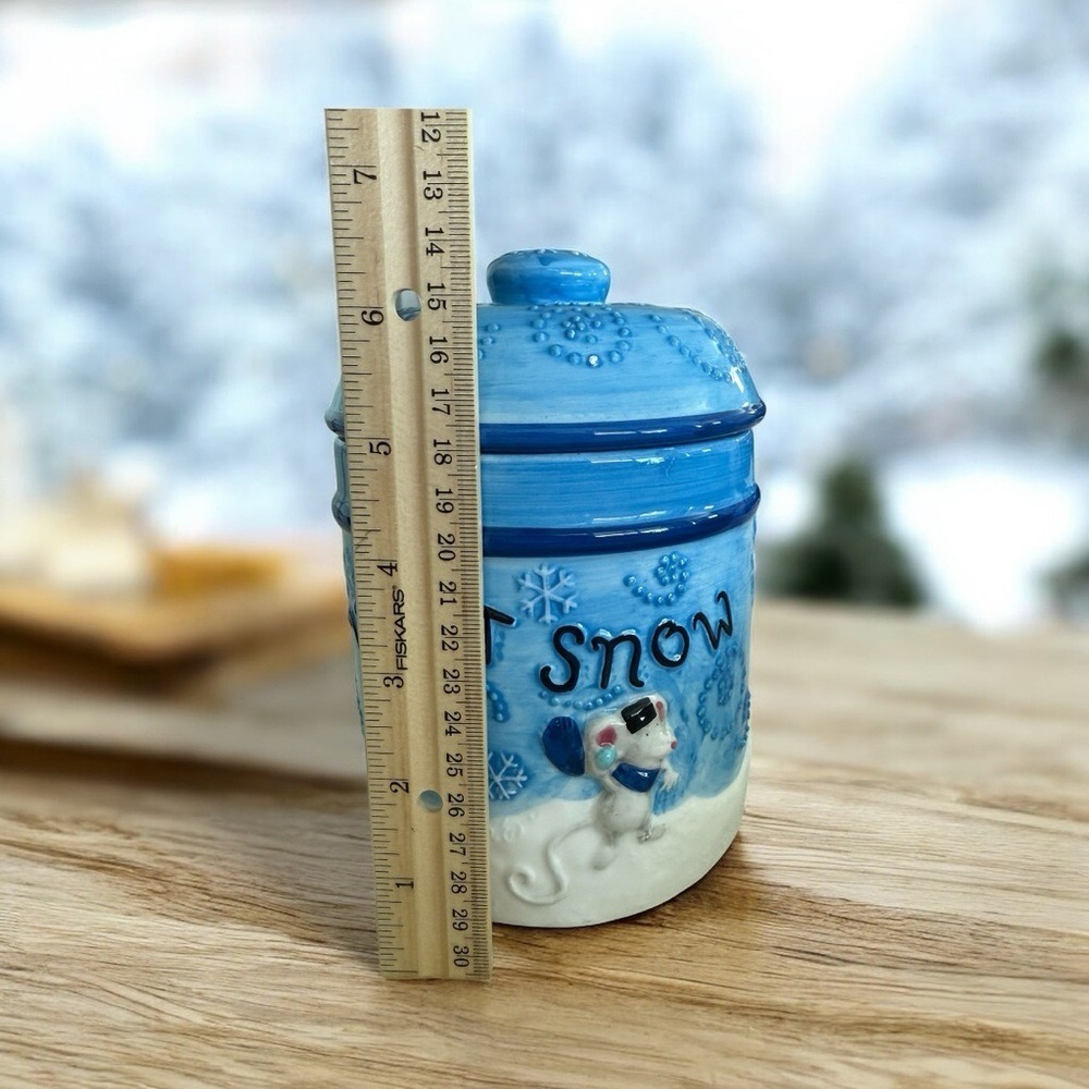 Christmas Houston Harvest Ceramic Jar Blue Let it Snow Holiday snowman - Picture 5 of 8